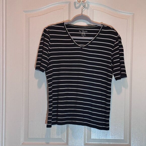 Women's Striped V-Neck Tee Size 2 Chico's Black & White - Picture 1 of 4